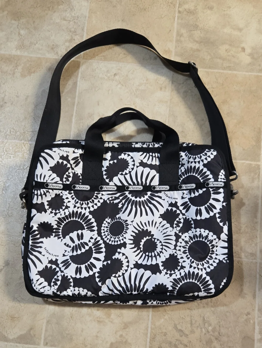Lesportsac Black & White Floral Laptop Messenger